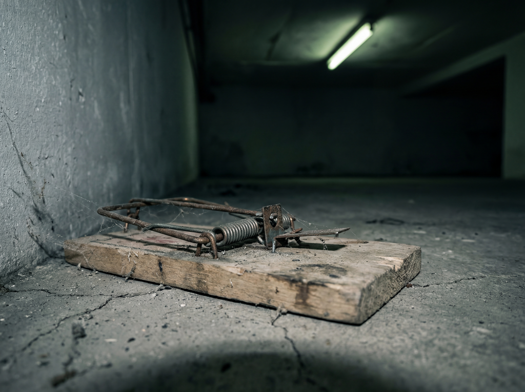 A sad, soulless traditional rat trap sitting in silence